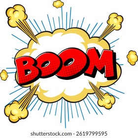 Ilustração vetorial dinâmica de uma explosão em estilo cômico com texto vermelho em negrito 'BOOM'. Cores vibrantes e composição energética