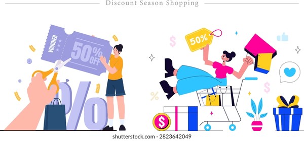 A dynamic vector illustration concept depicting discount season shopping and promotional sales. The layout shows excited shoppers celebrating price drops, featuring a character holding a giant 50% off coupon voucher being cut with scissors, and another joyful shopper sitting inside a shopping cart filled with gift boxes and store bags. Decorated with percentage signs, discount tags, dollar coins, and vibrant present boxes, this modern flat vector design is ideal for seasonal promotional banners, retail sale event landing pages, e-commerce campaign graphics, and marketing ads