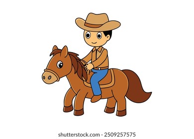 Ilustração vetorial dinâmica de um cowboy cavalgando um cavalo galopante, situado contra um cenário minimalista. A silhueta captura o espírito robusto do Velho Oeste com linhas em negrito e detalhes simples.