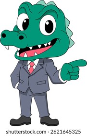 Dynamic vector illustration of a crocodile in a suit pointing forward, ideal for leadership content, business strategy presentations, or corporate training materials.