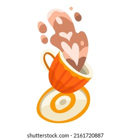 Ilustración vectorial dinámica de una taza de café capuchino. El arte de latte salpicado con goteos. Objeto aislado en blanco. Los colores naranja y marrón. Ilustración de vector plano dibujada a mano