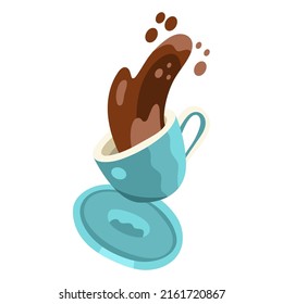 Dynamische Vektorgrafik einer Tasse Kaffee. Latte art splash mit Tropfen. Einzelnes Objekt auf Weiß. Blau und Braun. Handgezeichnete Cartoon-Flavektor-Vektorgrafik