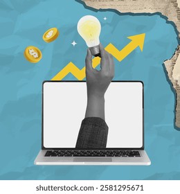 A dynamic vector illustration depicting a hand holding a light bulb above a laptop, representing innovative ideas driving financial growth and success.