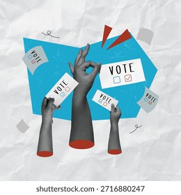 Una Ilustración vectorial dinámica que representa las manos levantadas con votos, destacando el compromiso cívico y el empoderamiento.