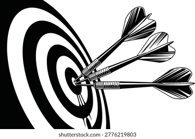 A dynamic vector illustration depicting three darts perfectly hitting the bullseye of a target board. This graphic symbolizes achievement, accuracy, and strategic planning, ideal for concepts related to business success, marketing campaigns, and achieving goals.