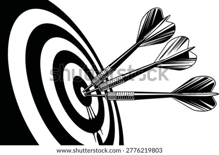 A dynamic vector illustration depicting three darts perfectly hitting the bullseye of a target board. This graphic symbolizes achievement, accuracy, and strategic planning, ideal for concepts related to business success, marketing campaigns, and achieving goals.