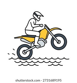 Ilustración vectorial dinámica de un ciclista que realiza un emocionante salto sobre el agua, capturando la esencia de la aventura y la libertad.
