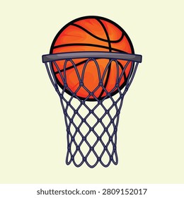 Dynamic vector illustration featuring basketball passing through hoop and net isolated on light creative background.
