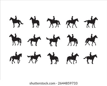 Dynamic vector illustration featuring black silhouettes of equestrian riders expertly mounted on horses.