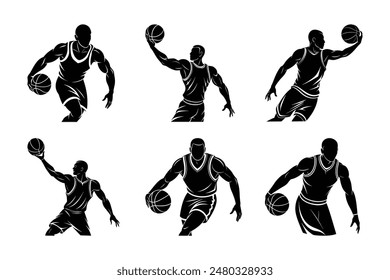 Dynamic vector illustration featuring a bundle of six basketball player silhouettes in various action poses. Perfect for sports-related designs, team logos, and athletic promotional materials.