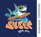 Dynamic vector illustration featuring a cartoon shark wearing sunglasses and surfing on a wave. Includes bold graffiti-style 'SHARK' text and splash effects. Ideal for summer-themed designs, t-shirts