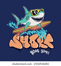 Dynamic vector illustration featuring a cartoon shark wearing sunglasses and surfing on a wave. Includes bold graffiti-style 'SHARK' text and splash effects. Ideal for summer-themed designs, t-shirts