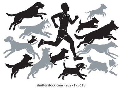 A dynamic vector illustration featuring a man running alongside a large group of various running and jumping dogs in black and gray silhouettes, designed for pet fitness, running, and active lifestyle concepts.