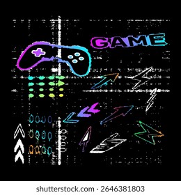 Uma ilustração vetorial dinâmica com elementos de jogos de cores neon, incluindo um joystick, setas, raios, formas abstratas e a palavra "GAME". Projetado em um estilo grunge moderno, perfeito para