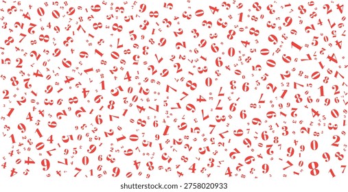 A dynamic vector illustration featuring a random scatter of numbers from zero to nine in various sizes and orientations. This abstract pattern creates a sense of depth and movement, making it ideal for designs related to big data, mathematics, finance, education, and technological complexity. The minimalist layout works well as a decorative backdrop for websites, presentations, or educational materials