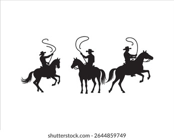 Ilustração de vetor dinâmico com cowboys silhuetados em cavalos em uma cena dramática de rodeio. 