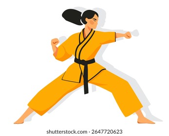 Ilustração vetorial dinâmica de uma artista marcial feminina em um amarelo gi e faixa preta, golpeando um poderoso soco para a frente contra um fundo de sombra sutil. Ideal para esportes, fitness, autodefesa.