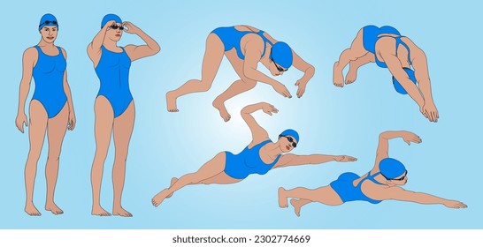 A dynamic vector illustration of a female swimmer in various action poses, showcasing strength and agility.