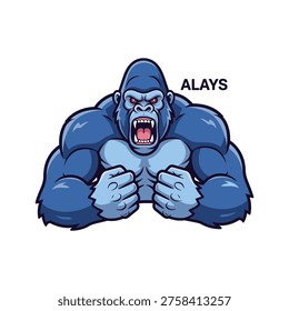 Dynamic vector illustration of a fierce blue gorilla in a powerful stance. Its aggressive expression and muscular build convey strength and dominance. Ideal for sports teams, branding, or marketing campaigns needing a bold statement.