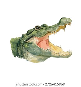 Ilustración vectorial dinámica de una cabeza de cocodrilo feroz con las mandíbulas abiertas, perfecto para la vida silvestre, la naturaleza, o diseños de animales peligrosos.