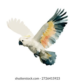 Dynamische Vektorgrafik eines fliegenden Kakadus, perfekt für tropische Designs, Tierthemen und exotische Vogelprojekte.