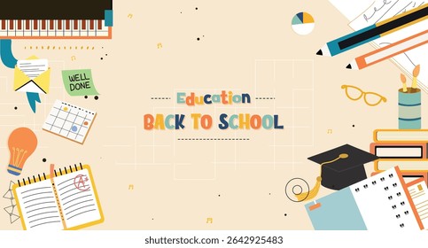 A dynamic vector illustration focused on education and back to school, combining vibrant colors and various educational items.