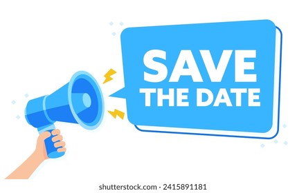 Dynamic Vector Illustration of Hand Holding Megaphone Announcing Save The Date Message