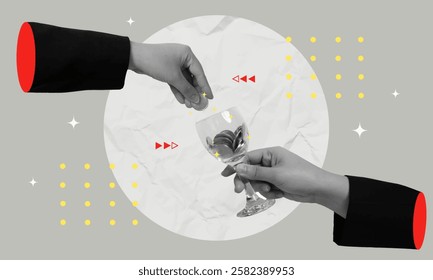 A dynamic vector illustration of hands toasting with a glass, symbolizing celebration and collaboration, perfect for event promotions and social gatherings.