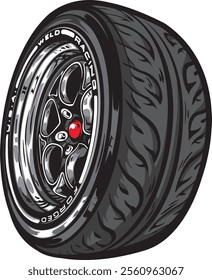 Dynamic vector illustration of a high-performance racing tire with a sleek black rim, designed for speed enthusiasts, showcasing exceptional grip and style