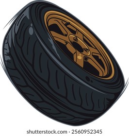 Dynamic vector illustration of a high-performance tire with a striking gold alloy wheel, perfect for automotive enthusiasts and racing fans who appreciate style and functionality