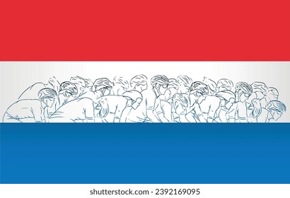 Dynamic vector illustration of a horizontal peloton of cyclists in line art style over the Netherlands flag. Perfect concept for Dutch cycling events, team races, fitness sports