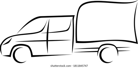 Dynamic vector illustration of a light commercial vehicle with a chassis and double cab as a logo for delivery or courier company with a box containing a free space.