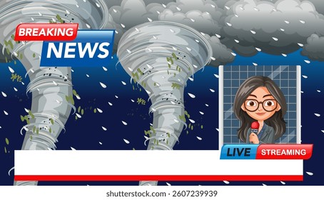 Dynamic vector illustration of a live news broadcast featuring tornadoes. Vibrant colors and detailed composition enhance the dramatic scene