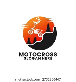 A dynamic vector illustration logo depicting a motocross rider mid-air performing a jump against an orange sunset backdrop with pine trees and hills, symbolizing adrenaline and speed.