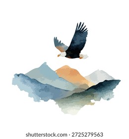 Ilustración vectorial dinámica de un majestuoso águila calva que se eleva sobre una estilizada cordillera. Ideal para la naturaleza, la libertad y los temas de aventura, perfecto para el diseño moderno.
