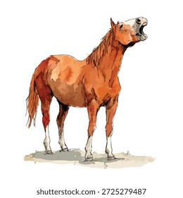 Ilustración vectorial dinámica de un majestuoso caballo castaño que se acerca, mostrando poder y libertad. Ideal para diseños ecuestres, proyectos de temática animal o libros infantiles.