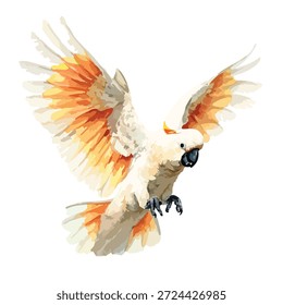 Ilustração vetorial dinâmica de uma majestosa cacatua voadora, perfeita para a arte de aves tropicais, projetos de vida selvagem e projetos de papagaios exóticos.