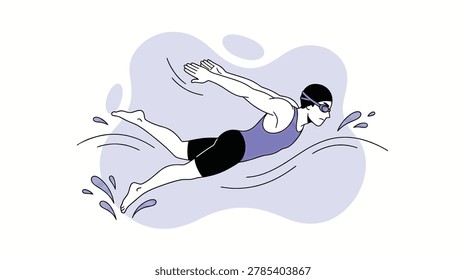 Dynamic vector illustration of a man swimming the butterfly stroke, wearing a cap and goggles. Perfect for sports, fitness, health, and active lifesty