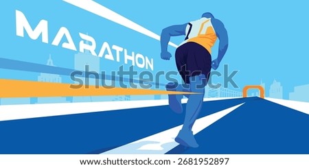 Dynamic vector illustration of marathon runner on city road with unique low angle perspective, urban skyline background, sport competition, endurance, fitness, and active lifestyle concept.