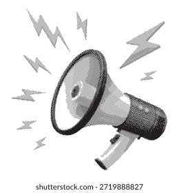 Una Ilustración vectorial dinámica de un megáfono que emite ondas de sonido y rayos, renderizado con un efecto de semitono retro. Este diseño es perfecto para conceptos de anuncio, ruido o impacto.