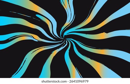 Dynamic vector illustration in modern Op Art style, featuring swirling abstract stripes. Popular for its bold contrast and energetic movement, with vibrant gradients and flowing, spiral shapes.