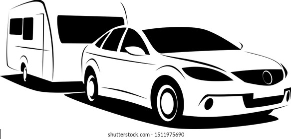 Dynamic vector illustration of a passenger car towing a caravan trailer for a camping adventure. Image can be used as a logo for an adventure company