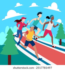 A dynamic vector illustration of people running on a track with men, women, and children starting a race