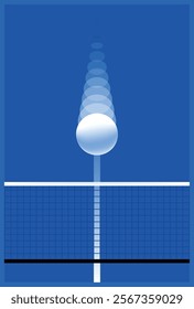 Dynamic vector illustration of a ping pong ball flying over the net, showing motion and speed. Perfect for sports posters and events.