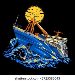 Dynamic vector illustration of a powerful cargo ship cutting through rough ocean waves at night, illuminated by a glowing full moon. Featuring bold line art, vibrant blue and orange colors, and dramatic maritime energy, this artwork is ideal for t-shirt designs, posters, apparel branding, nautical themes, shipping industry visuals, and modern graphic prints.