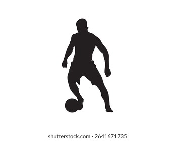 A dynamic vector illustration presents the silhouette of a soccer player expertly dribbling the ball. Isolated on a clean white background