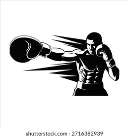 Dynamische Vektorgrafik eines professionellen Boxers in Kampfhaltung. Starker Athlet mit Boxhandschuhen. Intensives Training für den Sportwettkampf. Fitnesstraining.