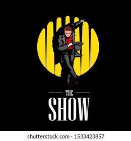 A dynamic vector illustration of a professional magician or show host performing on stage. The character, dressed in a classic black suit and red vest, is captured in motion against a bold yellow circular spotlight. This striking mascot-style emblem is perfect for theater branding, magic show promotions, talent agency logos, and live performance event marketing.