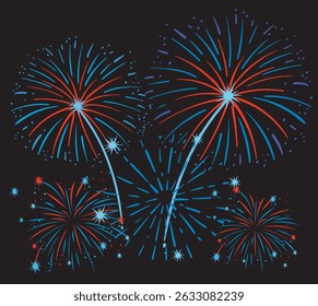 Dynamic vector illustration of red and blue fireworks against a dark background, highlighting vibrant colors and explosive composition