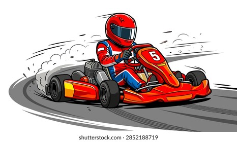A dynamic vector illustration of a red racing kart in action, featuring a driver in a professional racing suit and helmet. The kart displays the number five and is shown cornering on a gray asphalt track, leaving visible tire tracks and kicking up dust clouds against a plain white background.